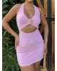 Pembe Boyundan Geçirmeli Tokalı Mini Elbise