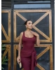 Bordo Kare Yaka Tasarım Uzun Elbise