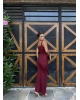 Bordo Kare Yaka Tasarım Uzun Elbise
