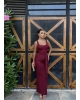 Bordo Kare Yaka Tasarım Uzun Elbise