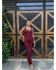 Bordo Kare Yaka Tasarım Uzun Elbise