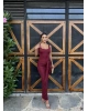 Bordo Kare Yaka Tasarım Uzun Elbise