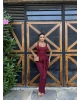 Bordo Kare Yaka Tasarım Uzun Elbise