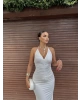 Beyaz Boyundan Bağlamalı Göğüs Büzgü Elbise
