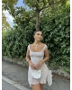 Desenli Sırt Bağlamalı Dantel Mini Elbise