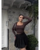 Kahverengi Korse Detay Basic Crop