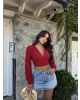 Kırmızı V Yaka Sandy Bluz