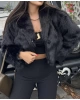 Siyah Kapüşonlu Crop Kürk