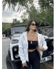 Beyaz Fermuarlı Oversize Hırka