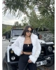 Beyaz Kapüşonlu Crop Kürk