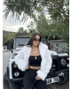 Beyaz Kapüşonlu Crop Kürk