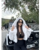 Beyaz Kapüşonlu Crop Kürk