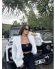 Beyaz Kapüşonlu Crop Kürk