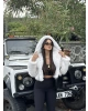 Beyaz Kapüşonlu Crop Kürk