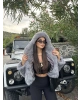 Gri Kapüşonlu Crop Kürk
