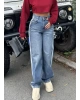 Mavi Şeritli Tokalı Baggy Jean