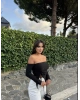 Siyah Madonna Yaka Büzgülü Crop