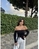 Siyah Madonna Yaka Büzgülü Crop