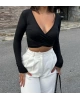Siyah Kruvaze Yaka Basic Crop