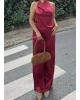 Bordo Saten Boyundan Geçirmeli Bluz Takım