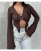 Kahverengi Aksesuar Detay Gofre Crop