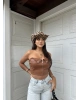 Kahverengi Fermuar Detay Deri Straplez Crop