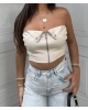 Bej Fermuar Detay Deri Straplez Crop