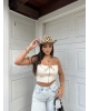 Bej Fermuar Detay Deri Straplez Crop