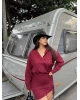 Bordo Büzgülü Premium Gömlek Elbise