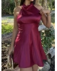 Bordo Saten Sırt Detay Mini Elbise
