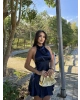 Lacivert Saten Sırt Detay Mini Elbise