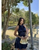 Lacivert Saten Sırt Detay Mini Elbise