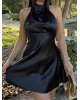 Siyah Saten Sırt Detay Mini Elbise
