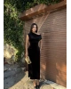 Siyah Simli Kadife Omuz Detay Uzun Elbise