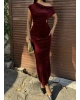 Bordo Simli Kadife Omuz Detay Uzun Elbise