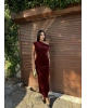 Bordo Simli Kadife Omuz Detay Uzun Elbise