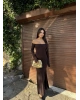 Kahverengi Sırt Bağlama Detay Uzun Elbise