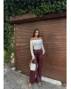 Bordo Şardonlu Deri Pantolon