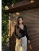 Siyah Kruvaze Yaka Aksesuar Detay Crop