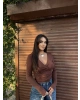 Kahverengi Kruvaze Yaka Aksesuar Detay Crop
