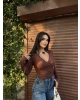 Kahverengi Kruvaze Yaka Aksesuar Detay Crop