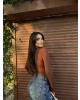 Kahverengi Kruvaze Yaka Aksesuar Detay Crop