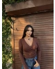Kahverengi Kruvaze Yaka Aksesuar Detay Crop