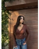 Kahverengi Kruvaze Yaka Aksesuar Detay Crop