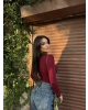 Bordo Kruvaze Yaka Aksesuar Detay Crop