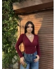 Bordo Kruvaze Yaka Aksesuar Detay Crop