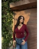 Bordo Kruvaze Yaka Aksesuar Detay Crop