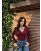 Bordo Kruvaze Yaka Aksesuar Detay Crop
