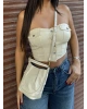 Bej Düğmeli Deri Strapelez Crop