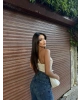 Bej Düğmeli Deri Strapelez Crop